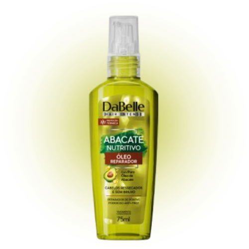 Óleo DaBelle Abacate em destaque, produto para nutrição e brilho capilar.