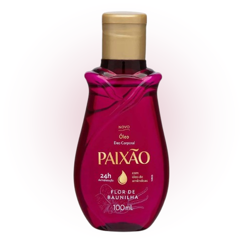 Frasco do Óleo Corporal Paixão Flor de Baunilha em fundo neutro, destacando embalagem elegante e fragrância de baunilha para hidratar e perfumar a pele.