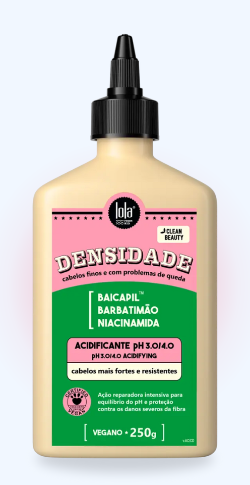 Produto Acidificante Lola Densidade em embalagem oficial, tratamento capilar para recuperar força e brilho dos fios.