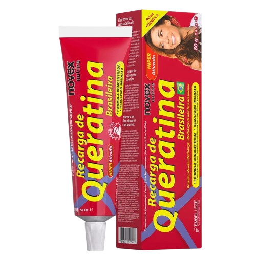 Recarga de Queratina Novex, embalagem do produto destacada, ideal para fortalecer e restaurar cabelos danificados.